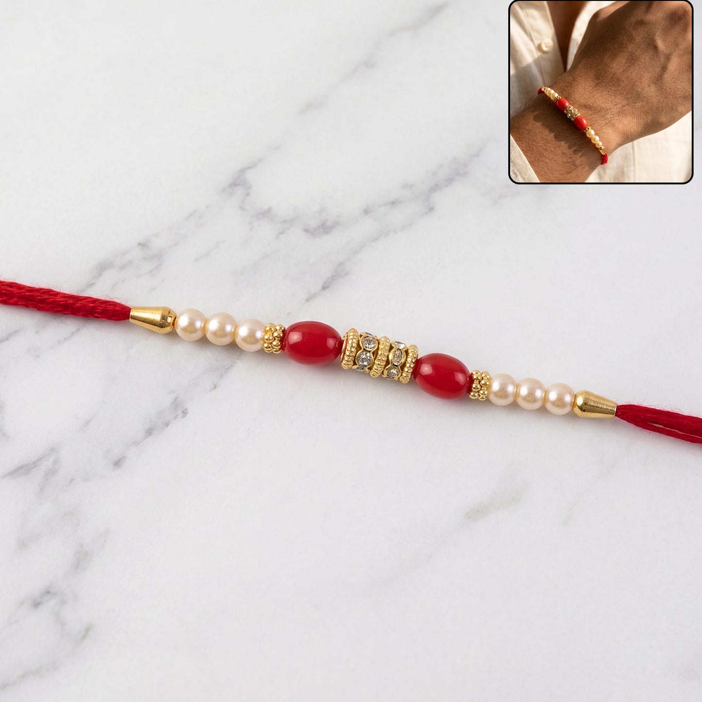 Red Moti Rakhi with Pearl Line and Antique Gold Spacer Beads