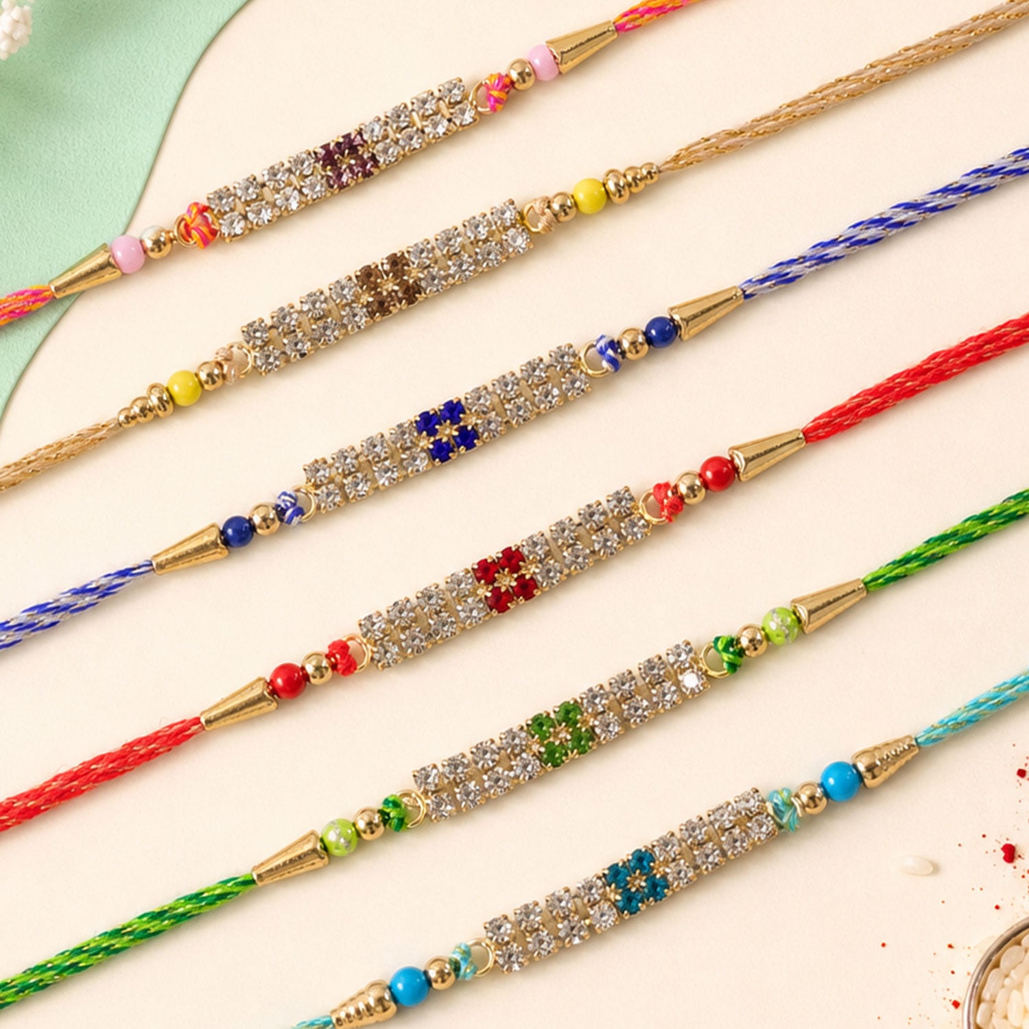 Rectangular Bar Motif Rakhi with Mix Colour Stones (Pack of 6)