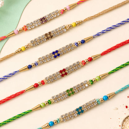 Rectangular Bar Motif Rakhi with Mix Colour Stones (Pack of 6)