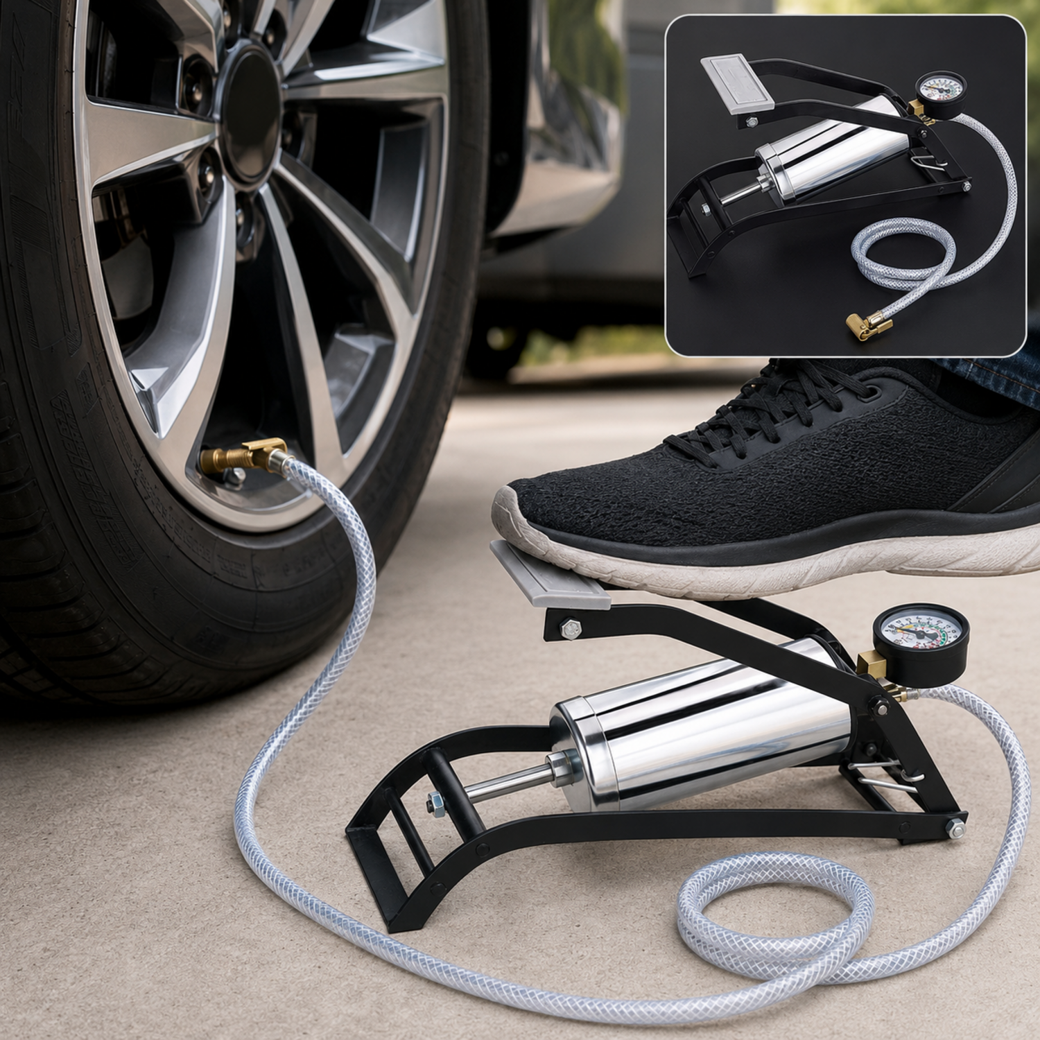 A person's foot is shown pressing down on a black and silver foot pump connected to a car tire.
