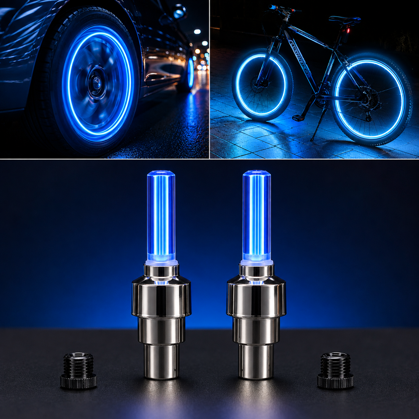 Two blue LED valve cap lights with a car and bicycle showing blue glowing wheels in the background.