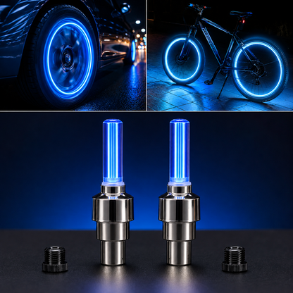 Two blue LED valve cap lights with a car and bicycle showing blue glowing wheels in the background.