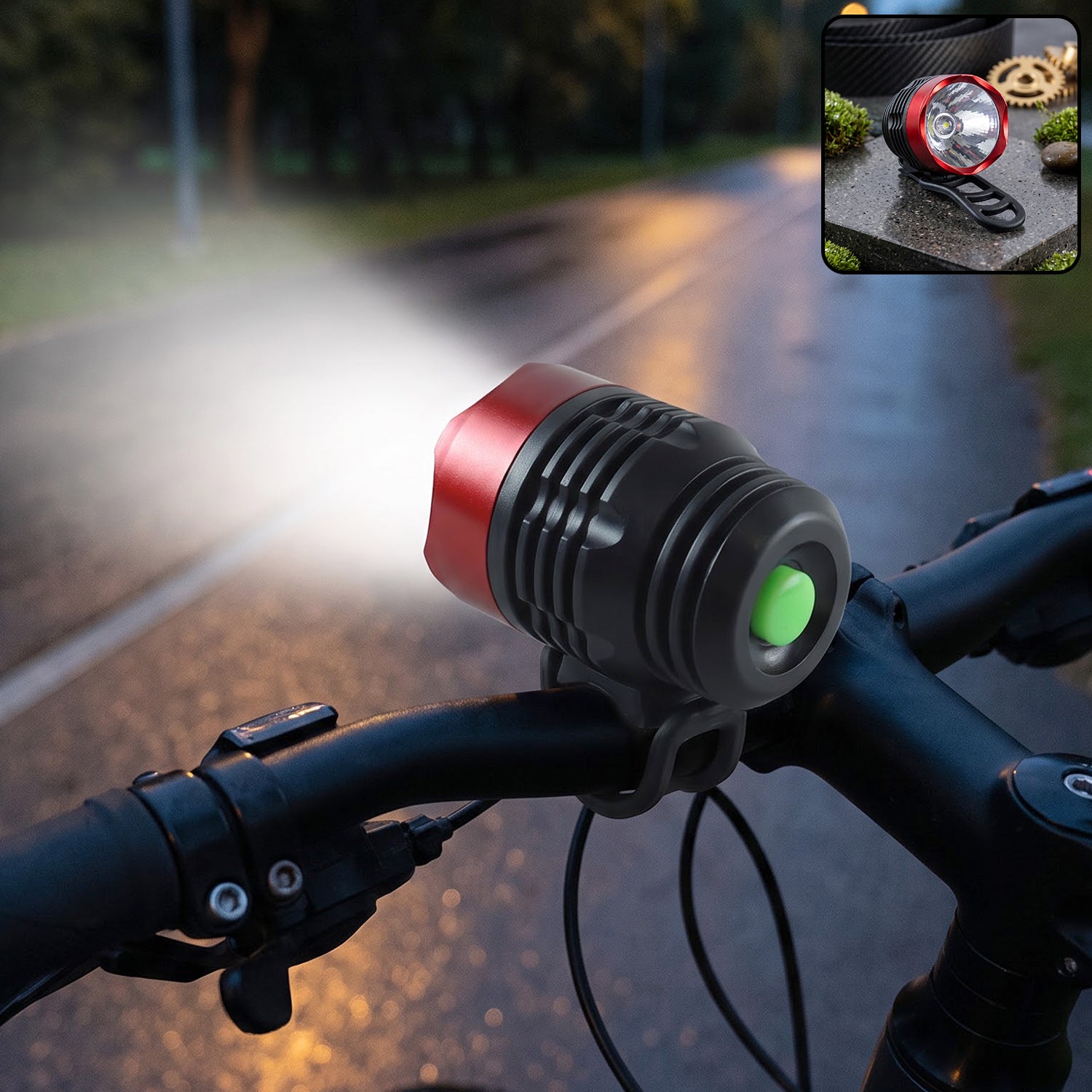 Bicycle headlight mounted on handlebar at night