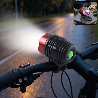 Bicycle headlight mounted on handlebar at night