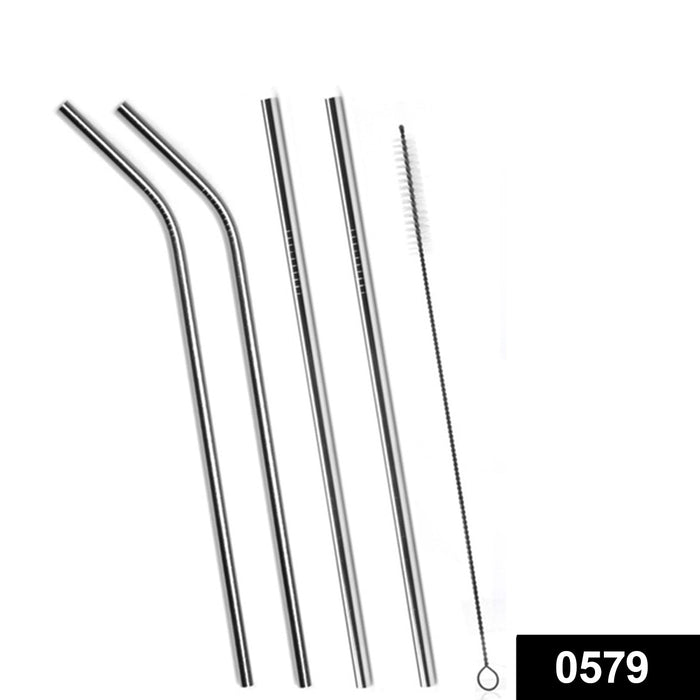 Set of 4 Stainless Steel Straws & Brush (2 Straight straws, 2 Bent straws, 1 Brush)