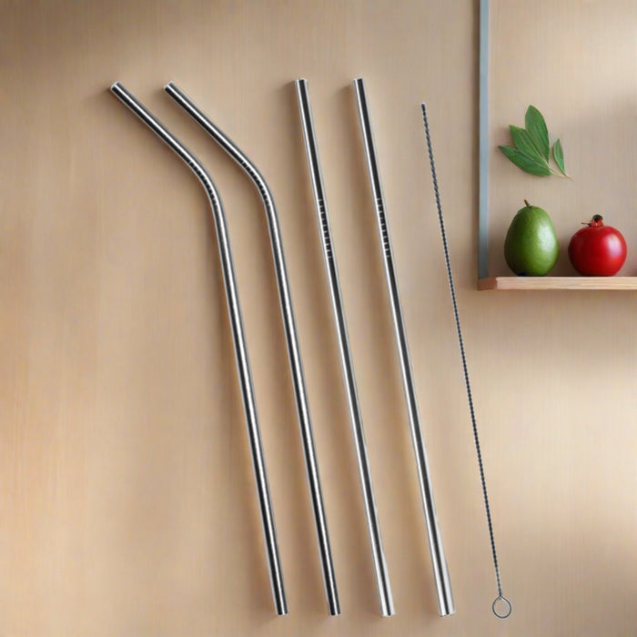 Set of 4 Stainless Steel Straws & Brush (2 Straight straws, 2 Bent straws, 1 Brush)