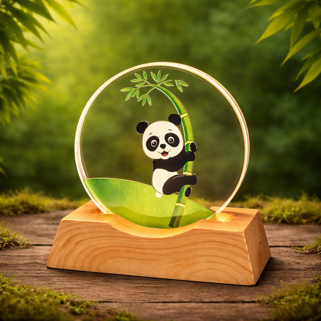 Panda Acrylic LED Night Lamp with Wooden Base USB Decorative Table Light