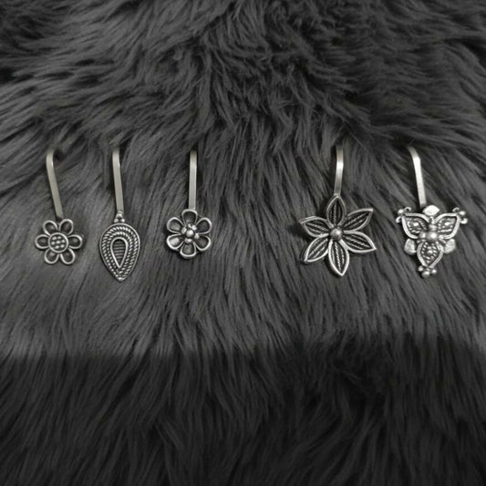 Oxidized Silver Traditional Floral Nose Pins Combo for Women & Girls (Pack of 5)