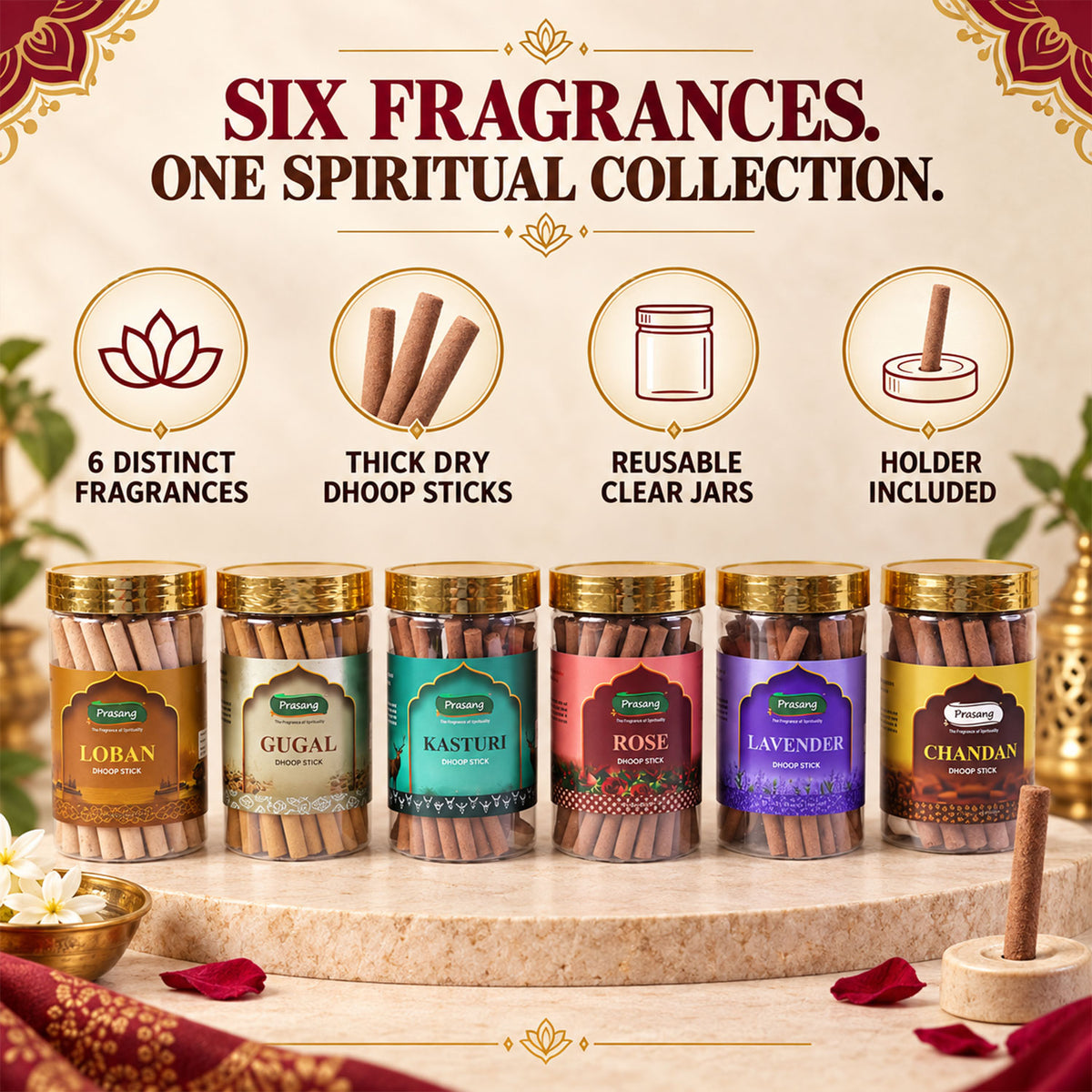 Assorted Fragrance Dhoop Sticks Jar Combo for Daily Puja (6 In 1, 100 Gm Each)