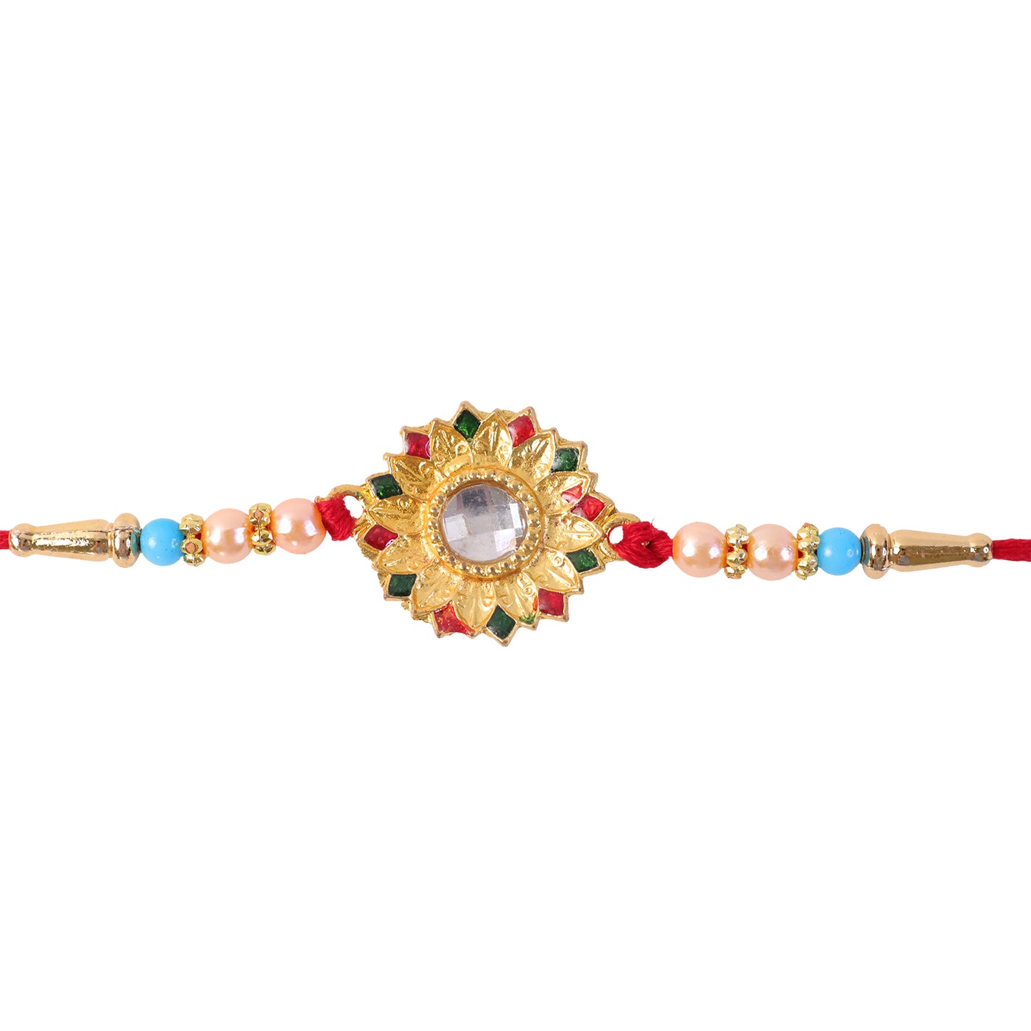 A hand wearing the Floral Mirror Rakhi, demonstrating its fit and appearance.