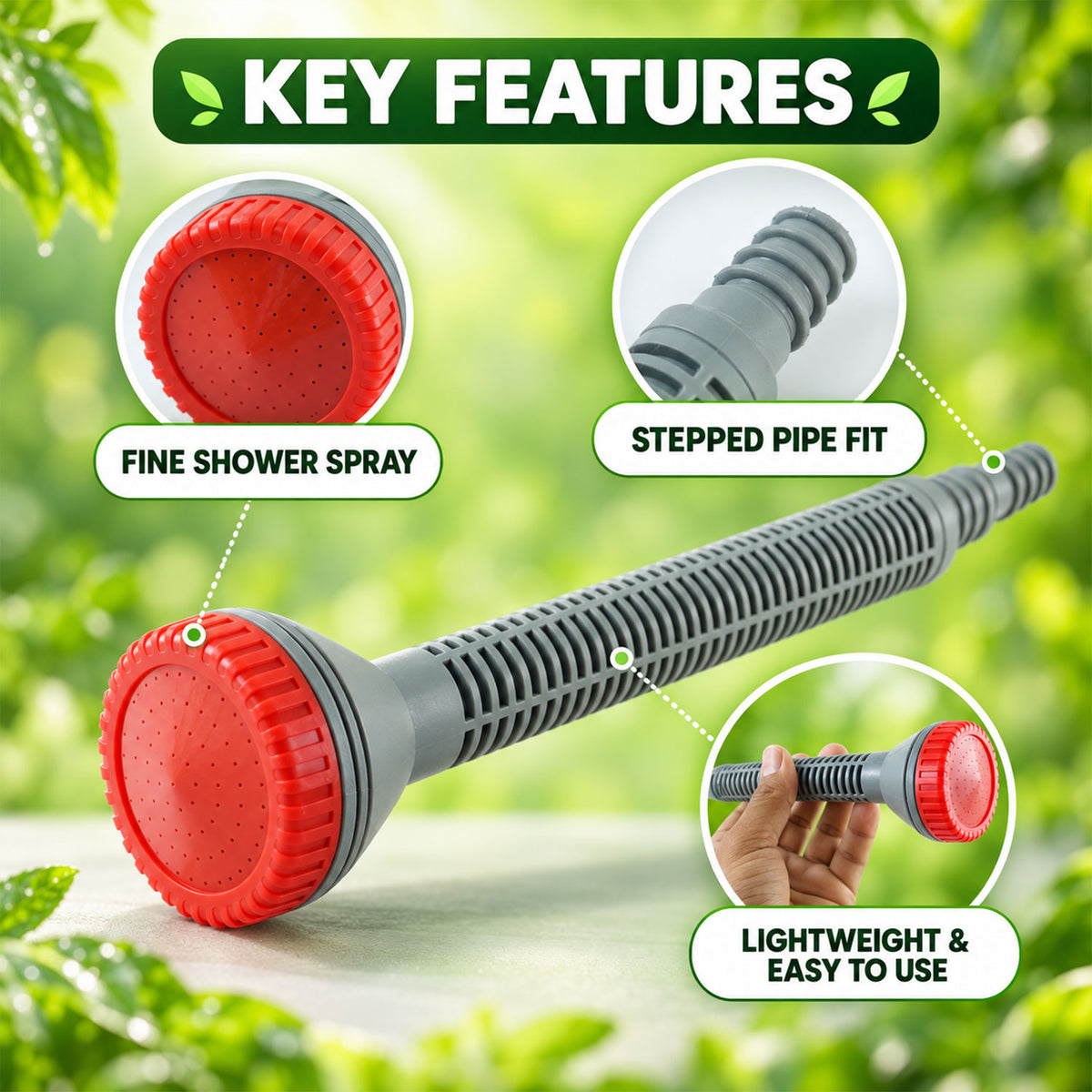 A single grey and red watering nozzle with labels highlighting its fine shower spray, stepped pipe fit, and lightweight