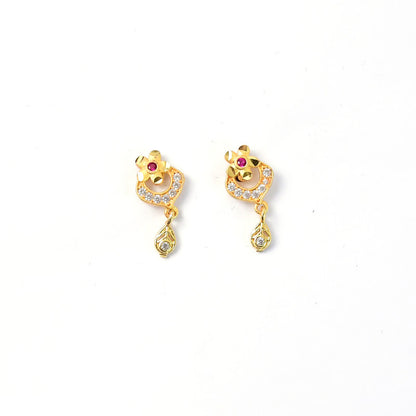 Elegant Gold Plated Stud Earrings with Ruby Accent & Drop Design