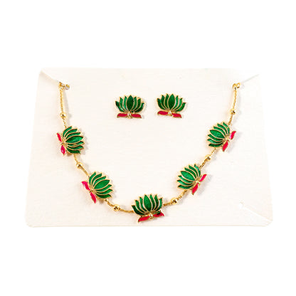 Traditional Green & Lotus Motif Jewellery Set