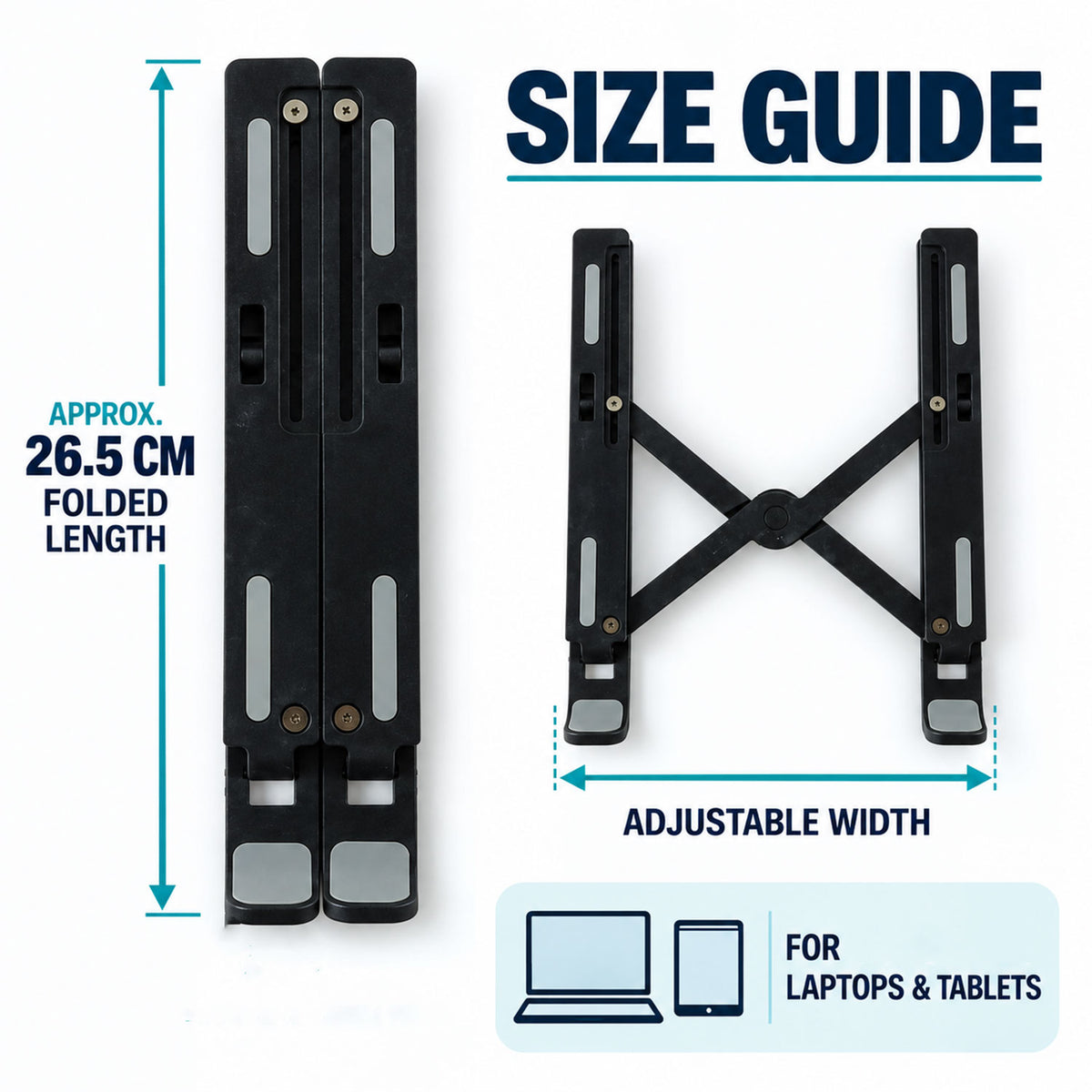 A size guide shows the black laptop stand folded to 26.5 cm length and expanded to an adjustable width, suitable for devices.