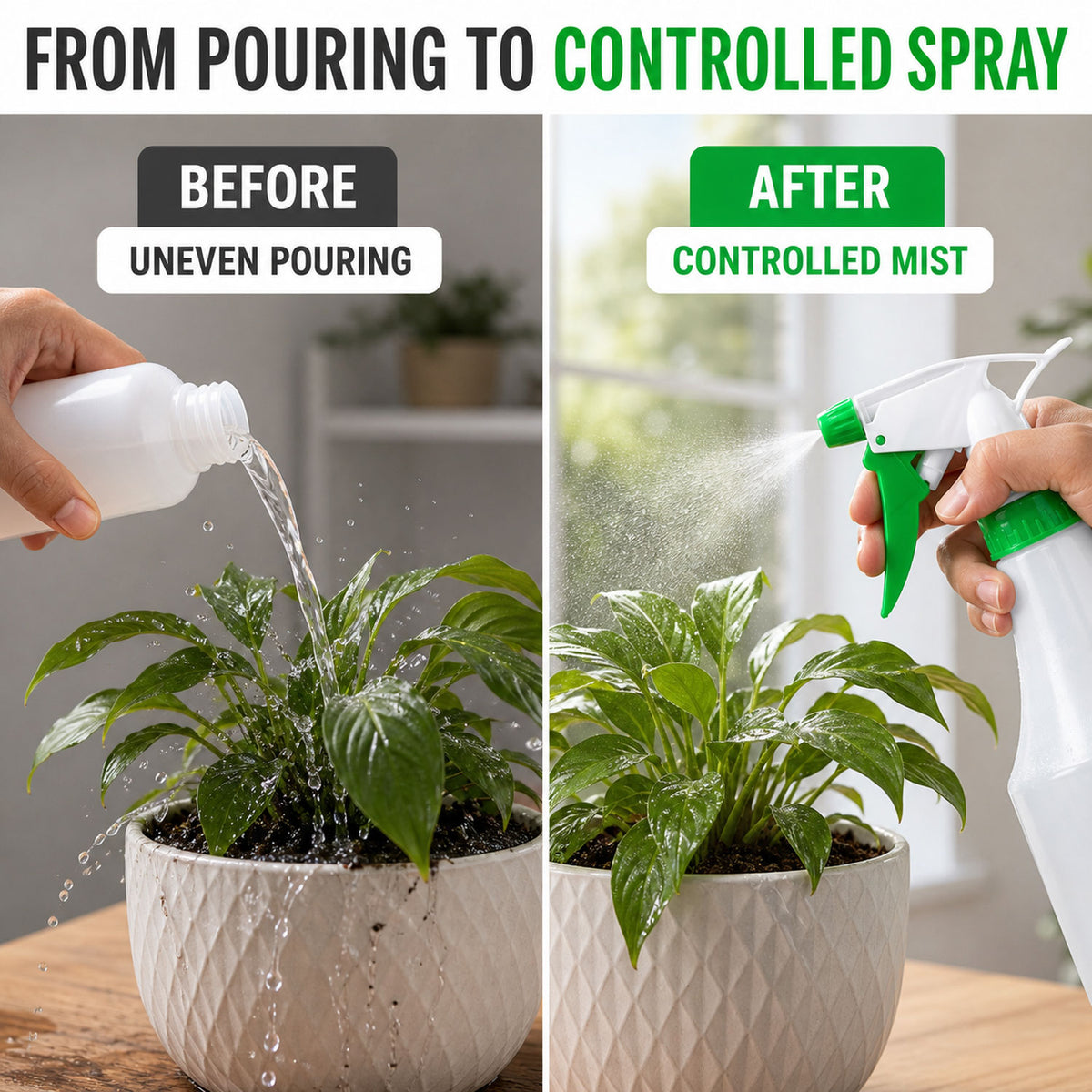 Split image showing pouring water on a plant versus misting with a green and white sprayer.