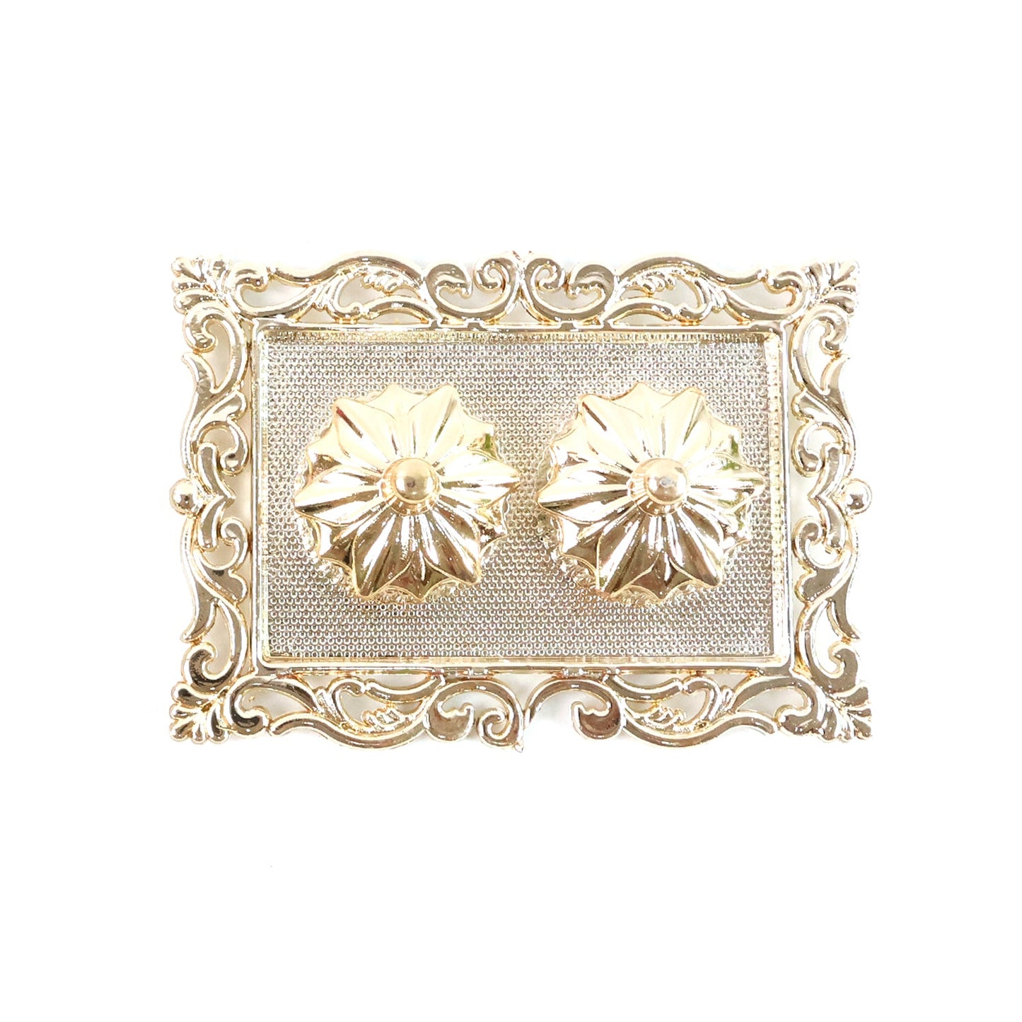 A gold rectangular pooja thali with two flower-shaped containers, on a white background.