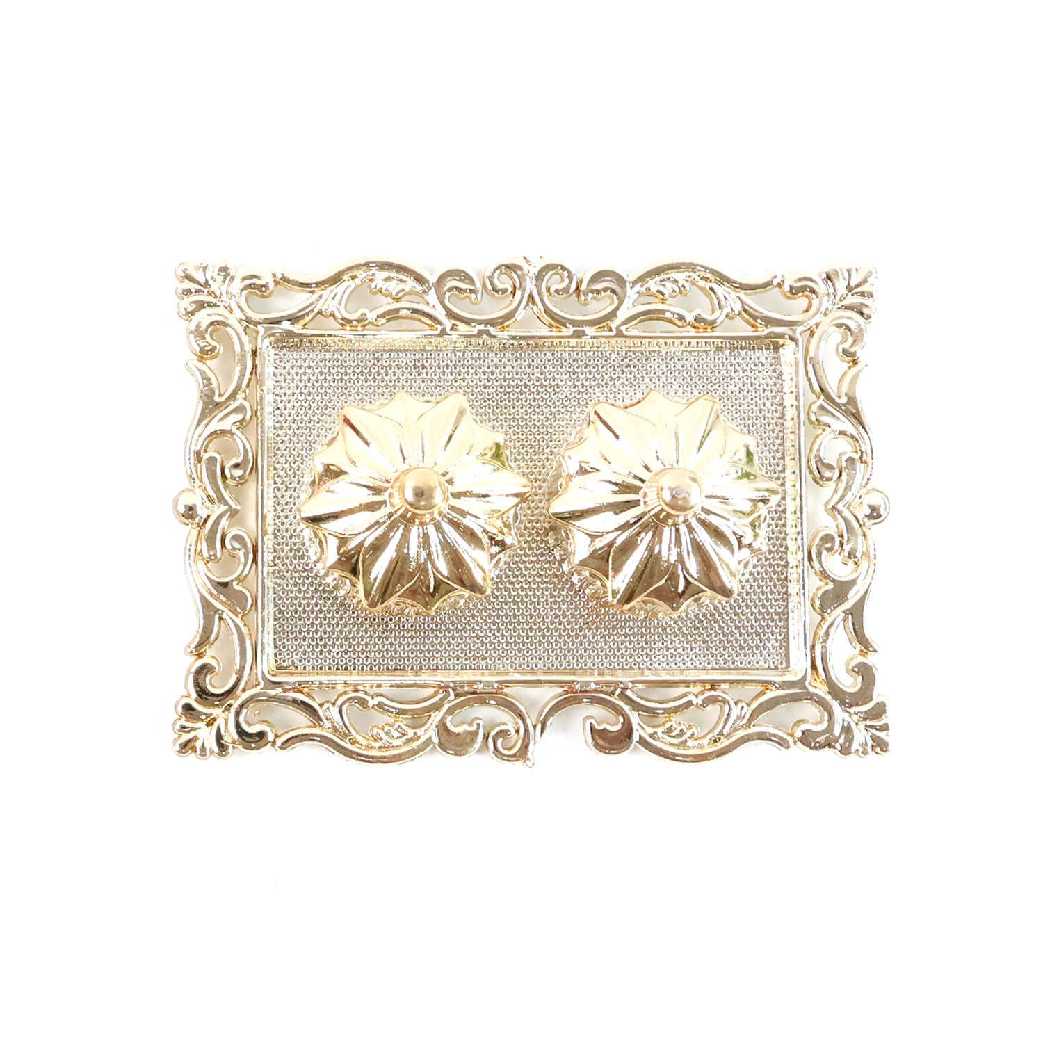 A gold rectangular pooja thali with two flower-shaped containers, on a white background.