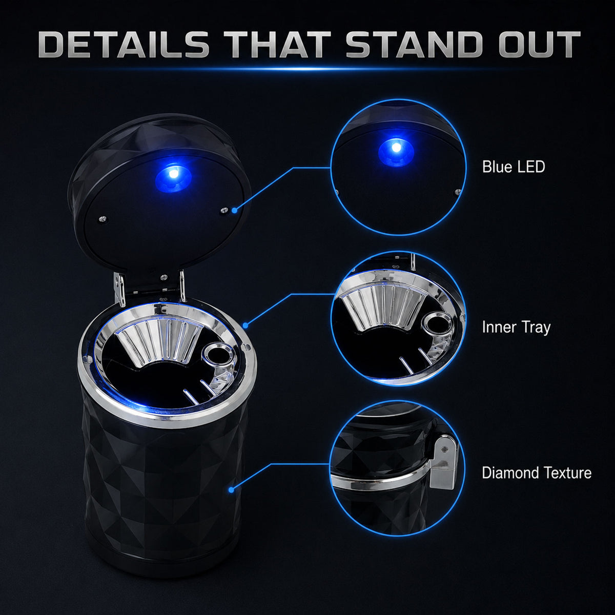 Car Cupholder Ashtray – LED Light, Lid & Portable Bin | Velvet Wheels