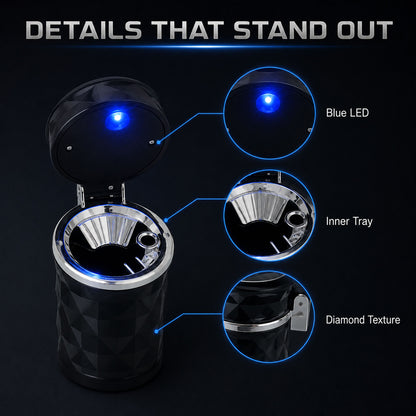 Car Cupholder Ashtray – LED Light, Lid & Portable Bin | Velvet Wheels