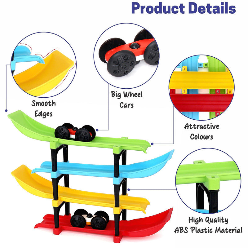 Aditi 4-Layer Colourful Ramp Racer Track Set with 2 Big-Wheel Cars & Connectors – Sturdy ABS Track Toy for Kids