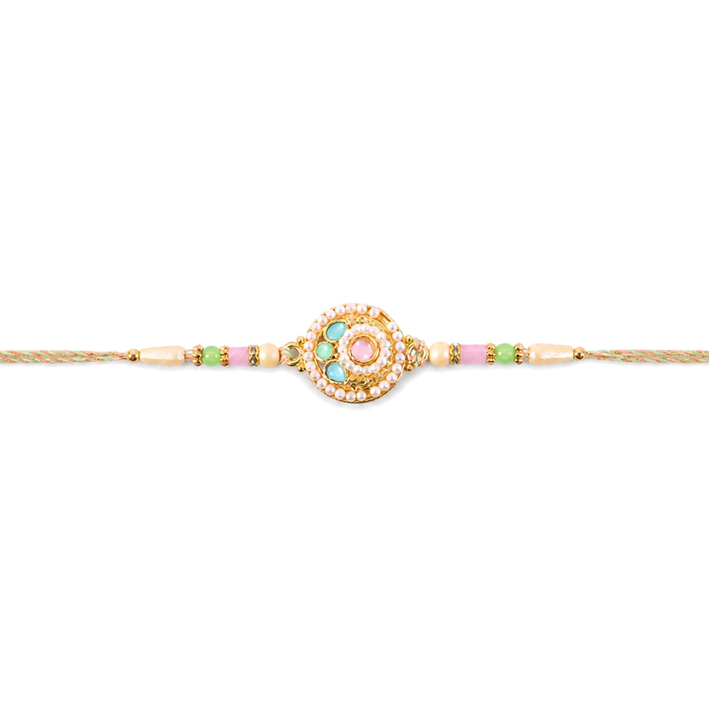 Pearl Bordered Round Pendant Rakhi with Turquoise and Pink Center
