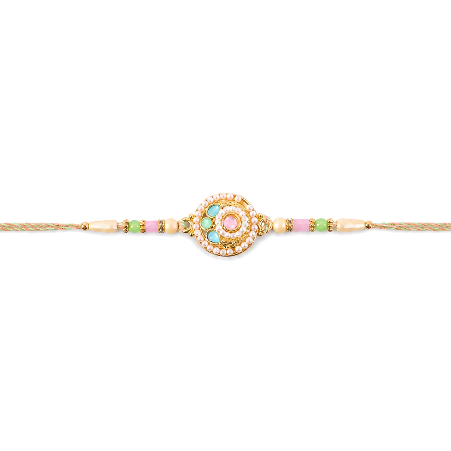 Pearl Bordered Round Pendant Rakhi with Turquoise and Pink Center