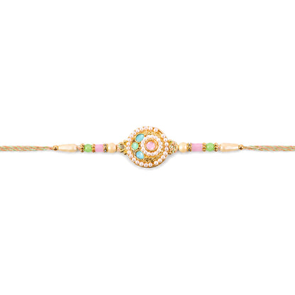 Pearl Bordered Round Pendant Rakhi with Turquoise and Pink Center
