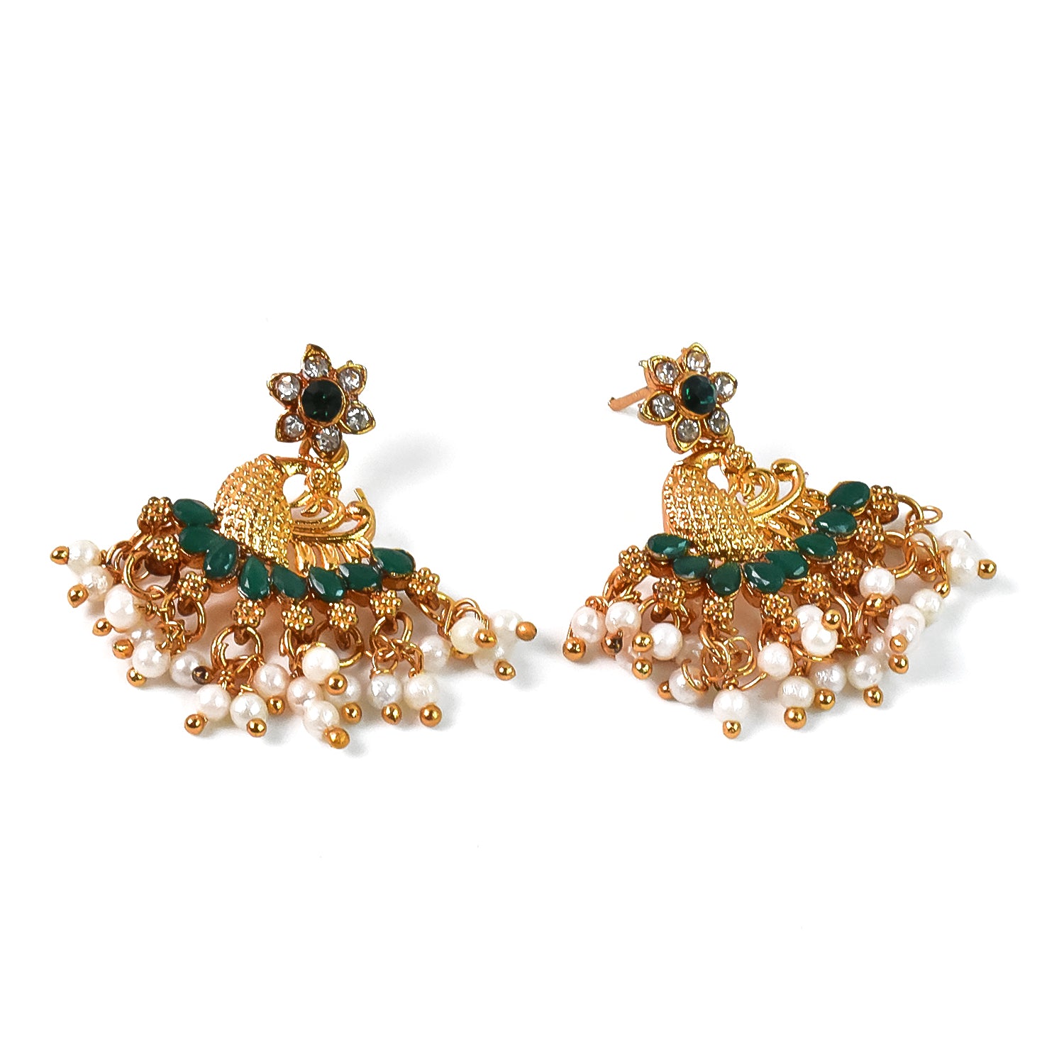 Beautiful Peacock Design American Diamond Pearl Earrings (1 Pair)