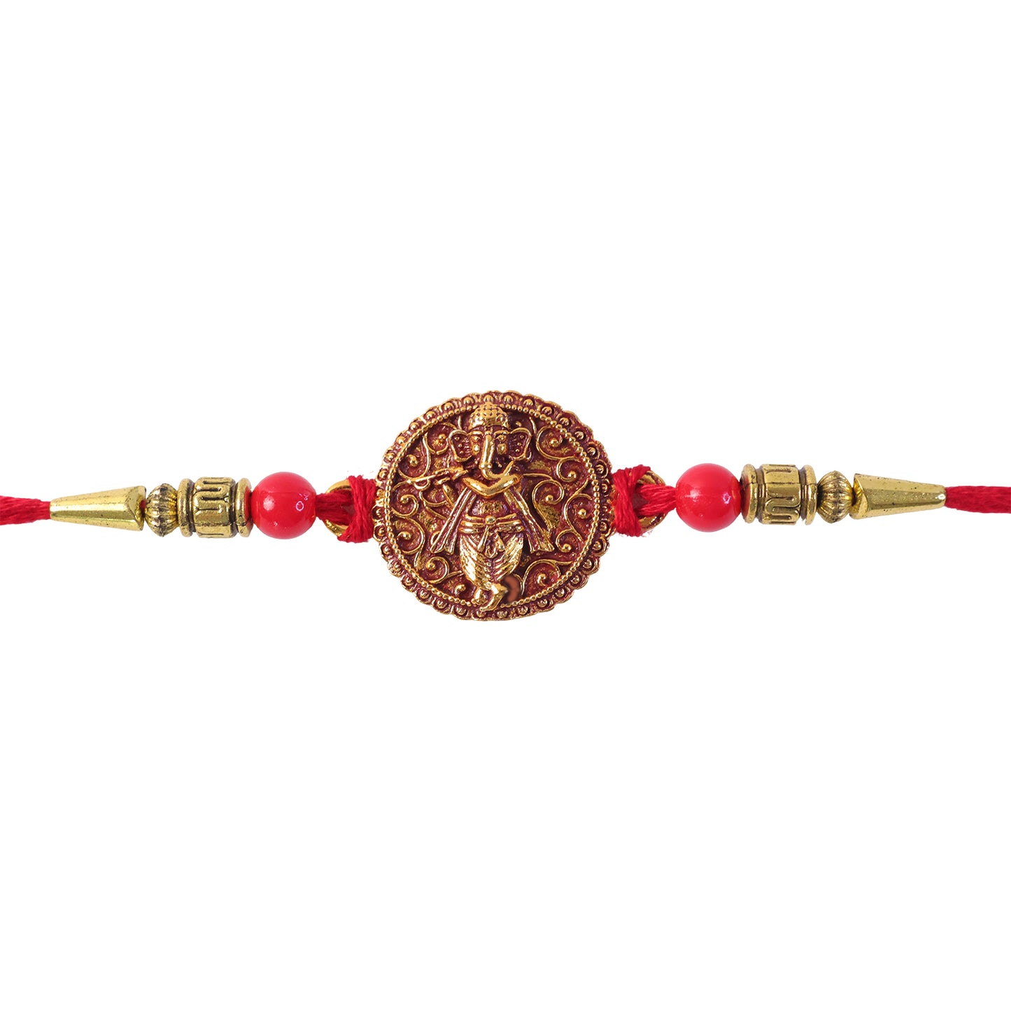 Ganesha Coin Rakhi – Antique Design with Red Beads