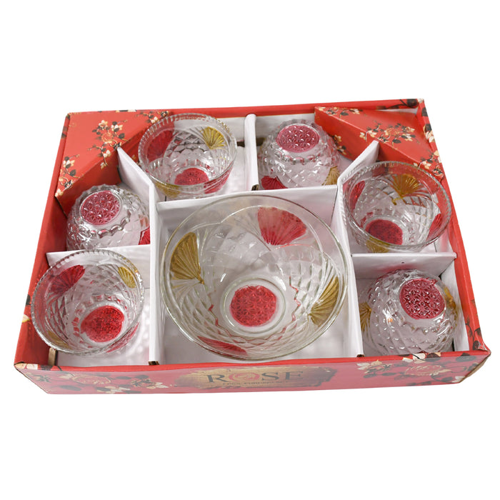 8234 Rose glass Multipurpose Pudding / Dessert / Ice Cream Bowl Set for Home use, Home & Kitchen Serving Bowl for Sundae, Sweets, Snacks, Fruit, Pudding, Nuts or Dip, Serving Bowls 6 Medium & 1 Big Bowl (Set of 7 pc)