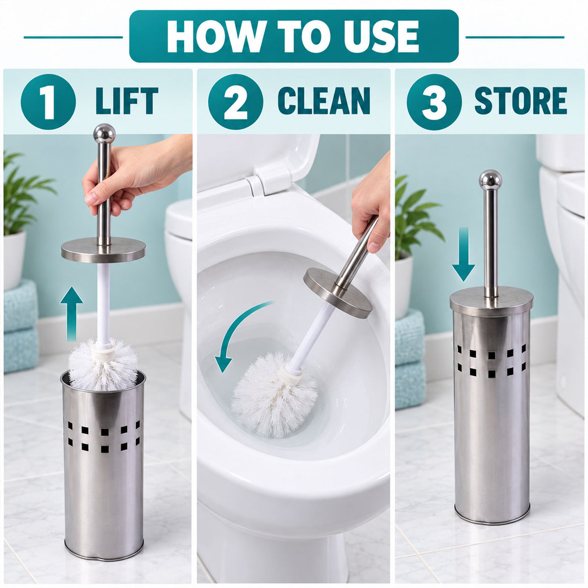 Stainless Steel Toilet Brush with Holder, Toilet Cleaning Brush Stand (1 Set)