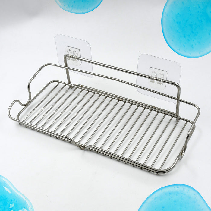 Stainless Steel Kitchen Bathroom Shower Shelf Storage Suction Basket Rack With 2 Hook (1 Pc)