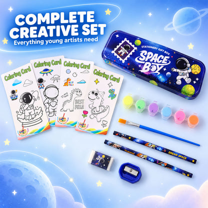 Kids Stationery Kit for School with Pencil Box, Paints and Colour Cards (1 Set)