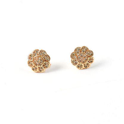 Gold Finish Round Crystal Stud Earrings with Floral Pattern for Women