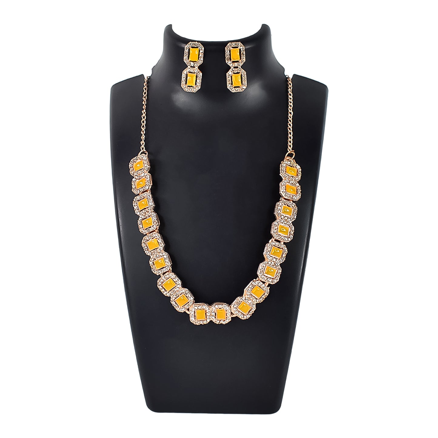 Yellow  American Diamond Studded Jewellery Necklace Set