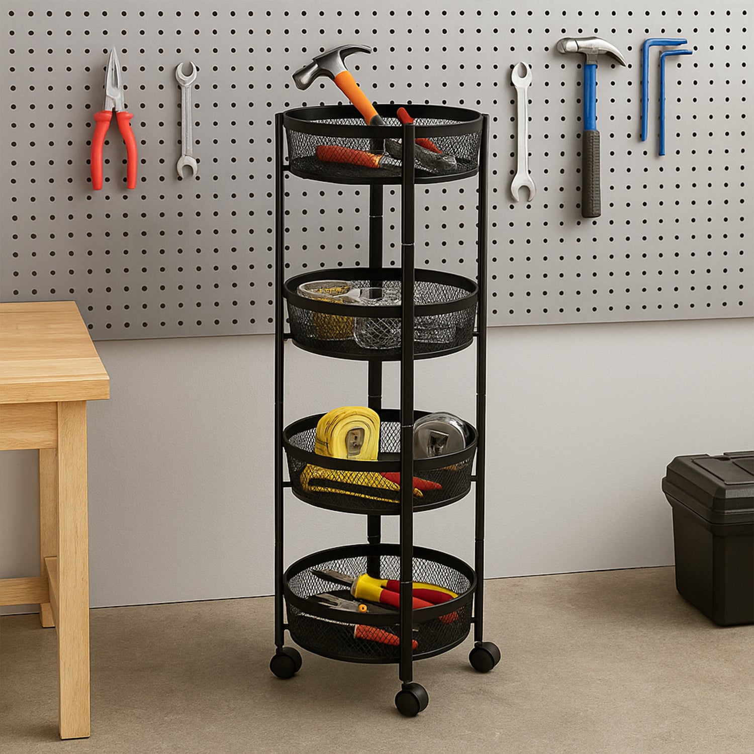 4-Layer Round Metal Mesh Storage Organizer Rack with Wheels (1 Pc)