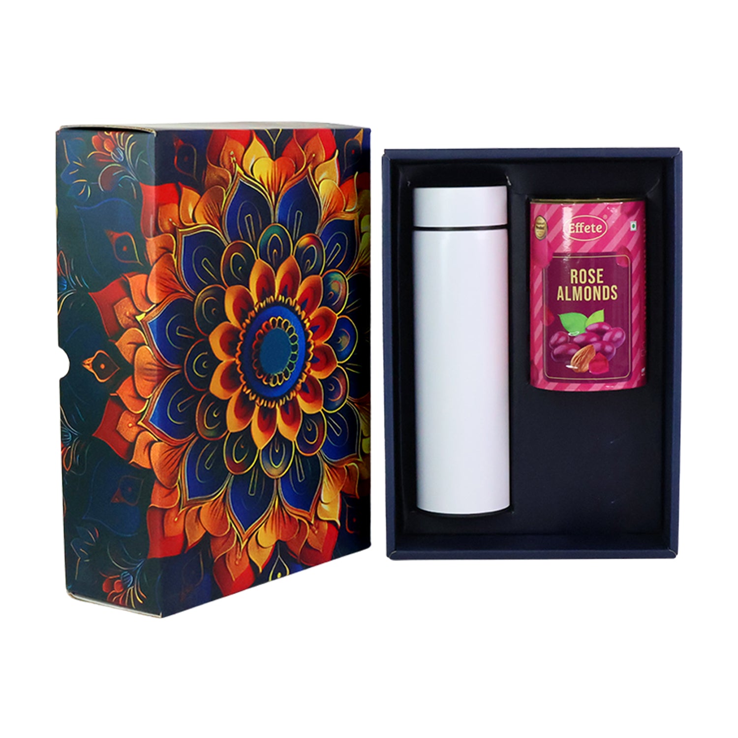 Effete Rose Almonds Gift Hamper, Golden With Bottle (2 Pc Set)
