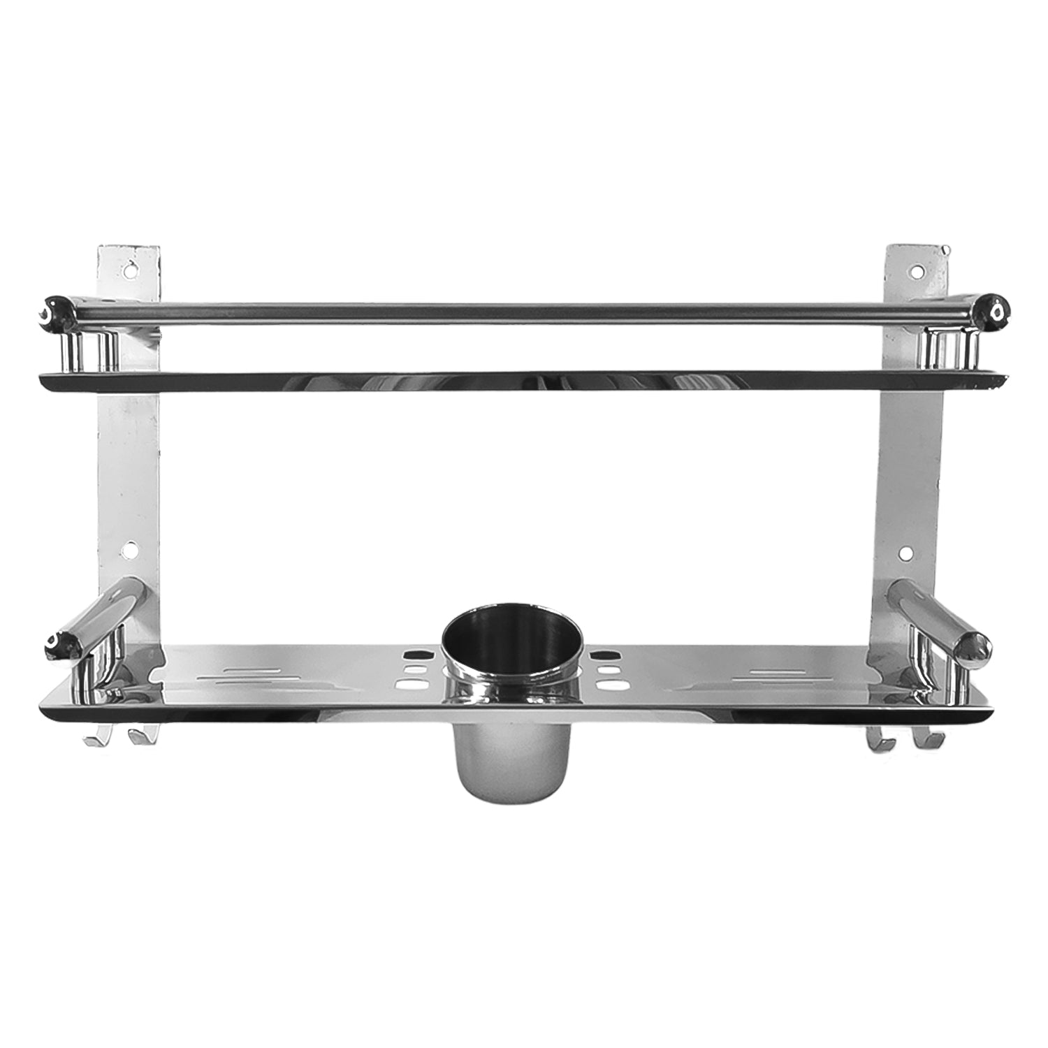 Stainless steel shelf showing mirror finish and storage rails