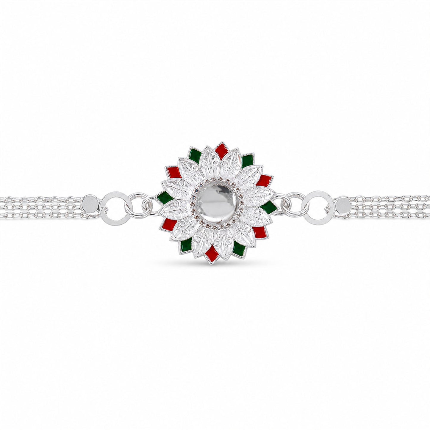 Silver Lotus Mandala Floral Enamel Crystal Stone Chain Rakhi
