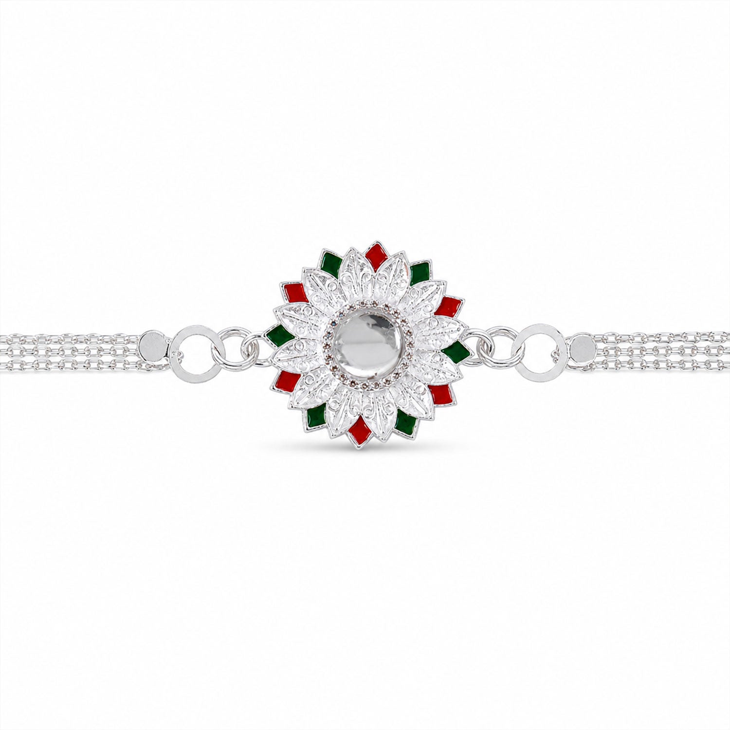 Silver Lotus Mandala Floral Enamel Crystal Stone Chain Rakhi