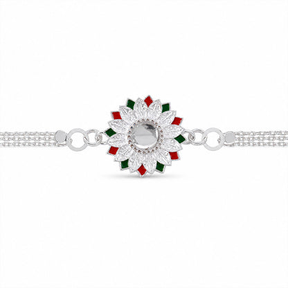 Silver Lotus Mandala Floral Enamel Crystal Stone Chain Rakhi