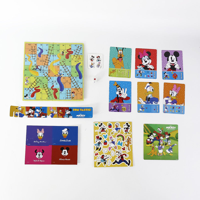 Disney Mickey & Friends Multipurpose Gift Bag with Snakes & Ladders Game, Puzzle Cards, and Fun Stickers for Kids