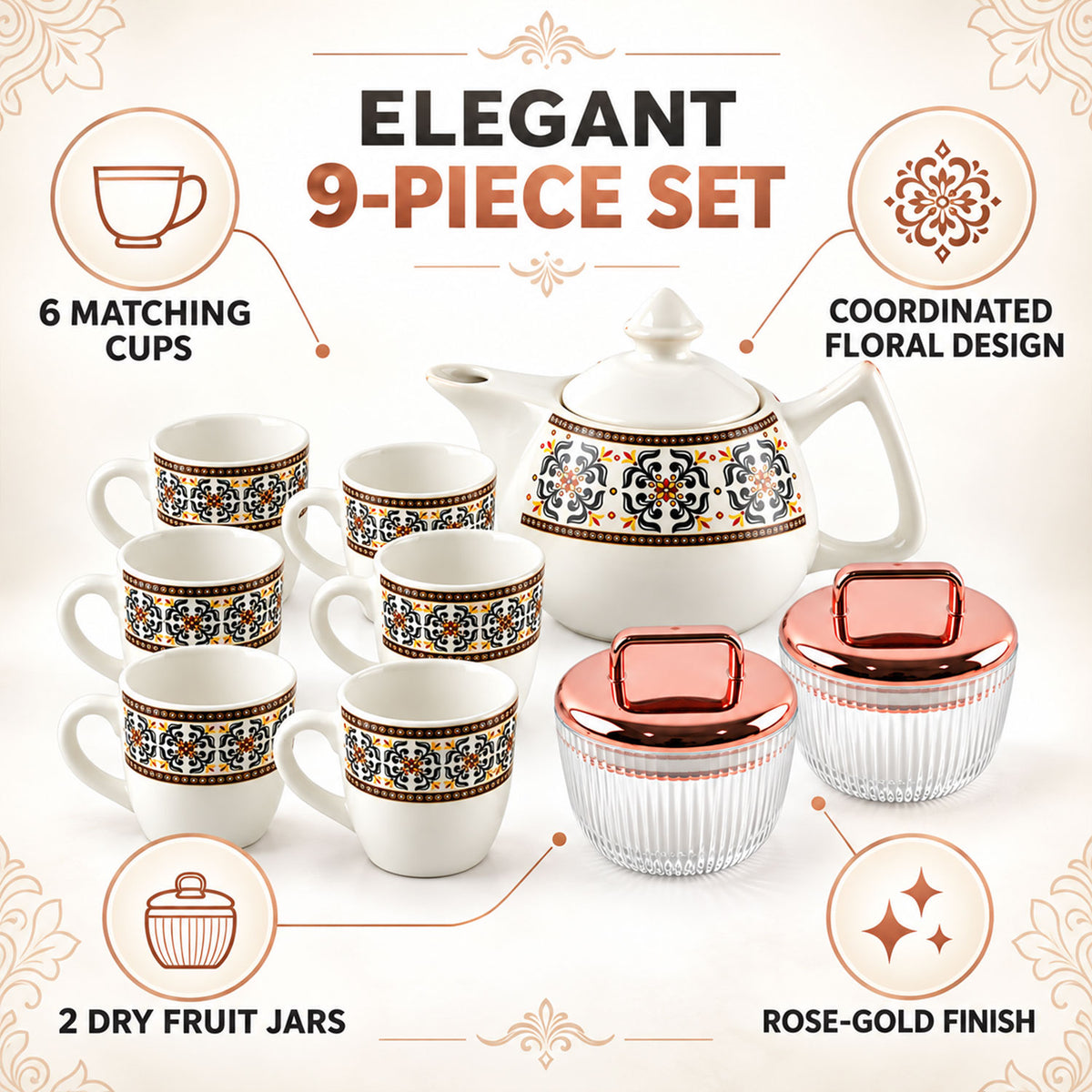 An infographic highlighting a 9-piece tea set with six cups, a teapot, and two dry fruit jars with rose gold lids.