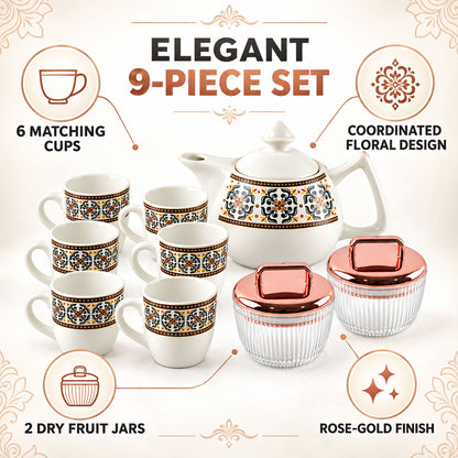 An infographic highlighting a 9-piece tea set with six cups, a teapot, and two dry fruit jars with rose gold lids.