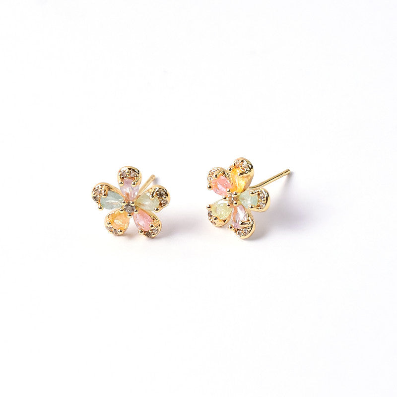 Multicolor Crystal Petal Flower Stud Earrings with Gold Finish for Women