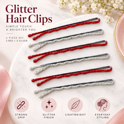 glitter red and silver metal hair pins set