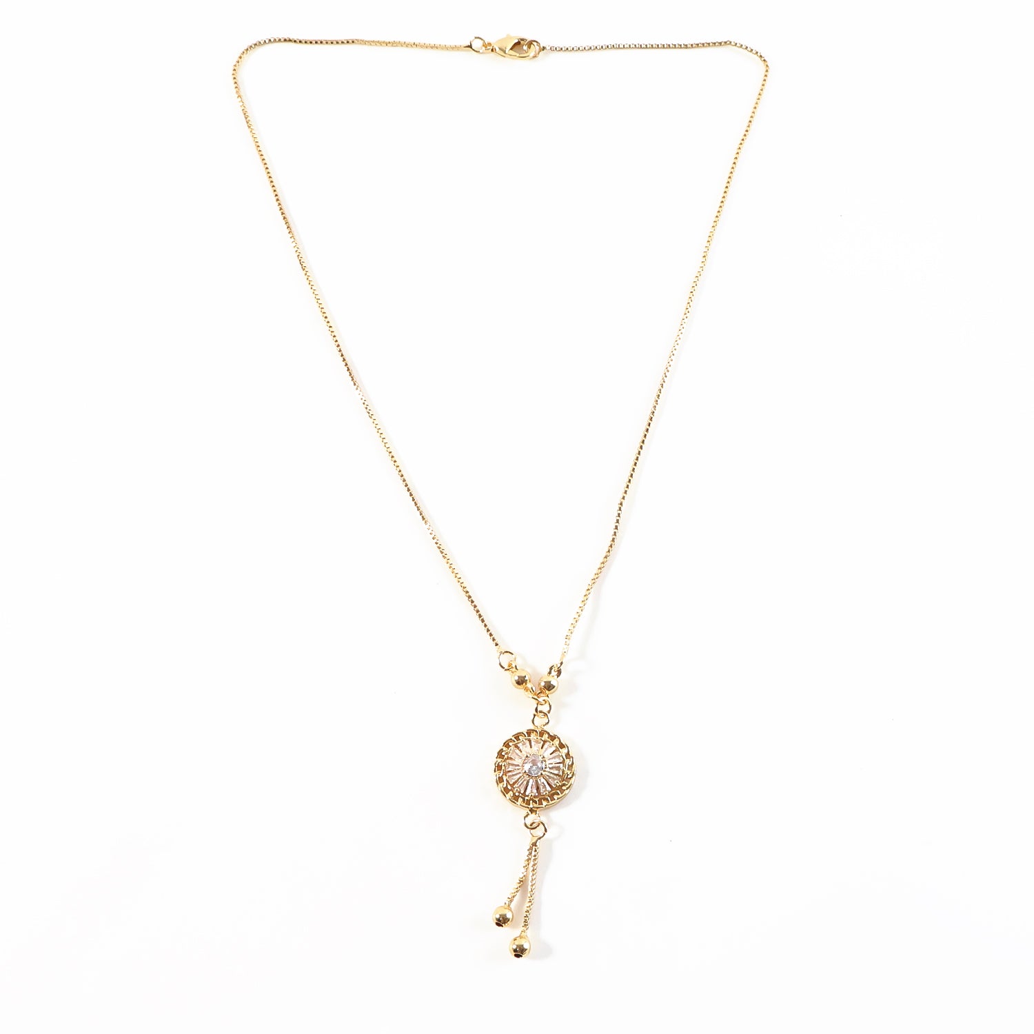 Radiant Gold-Plated Round Pendant Necklace with Dual Hanging Chains for Women