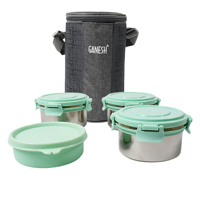 8717 Ganesh 4In1 Tiffin Box-Lunch Box | 3 Stainless Steel Containers 300 Ml Approx & Plastic Salad Container 200 Ml Approx| Plastic lid Box | Round Zip Bag | Leak Proof | Microwave Safe for Office, College and School for Men, Women 