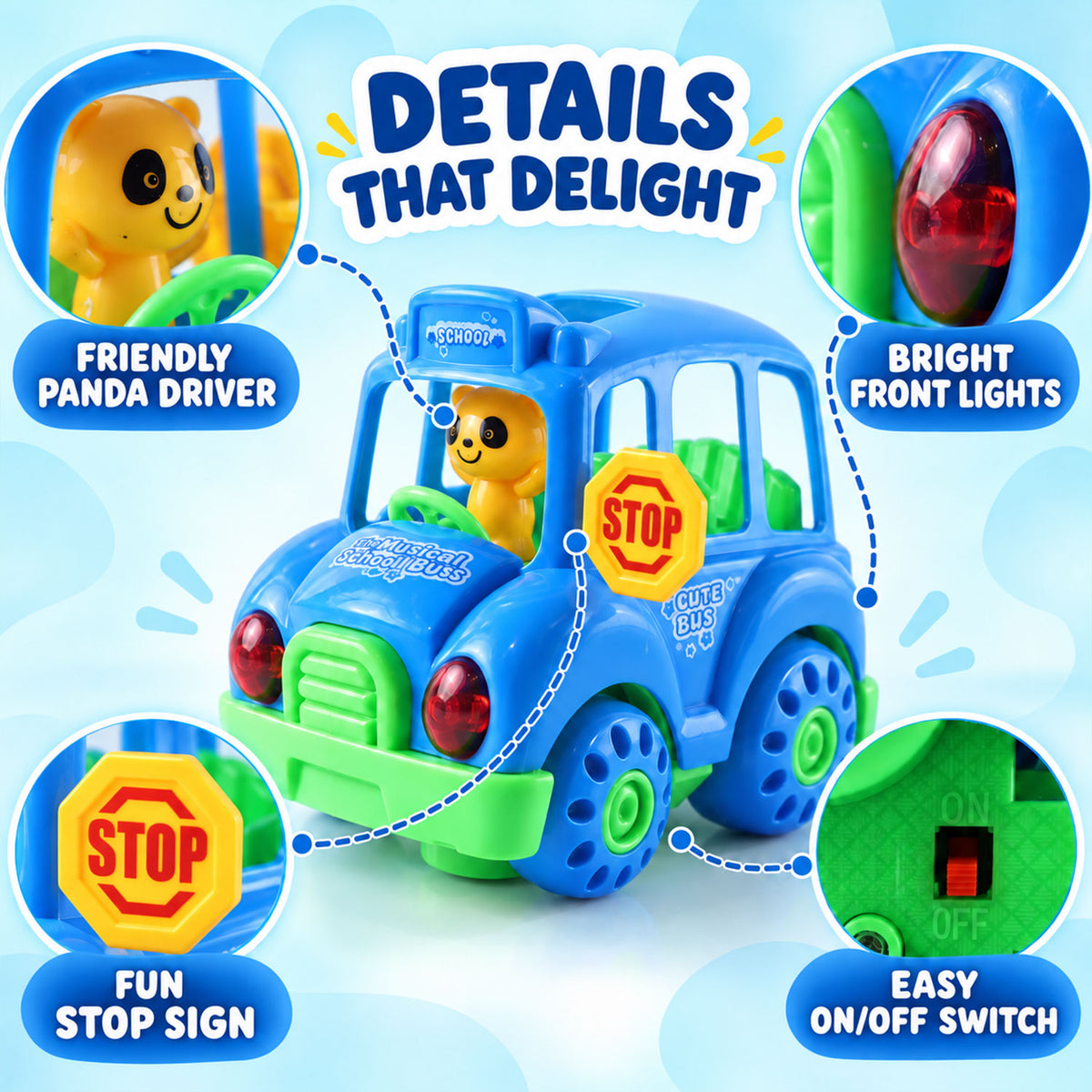 Battery Operated Musical School Bus Toy with Flashing Lights and Motion (1 Pc)