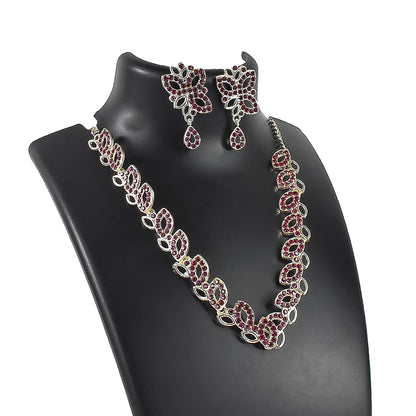 American Diamond Studded Floral Shaped Necklace With Earrings